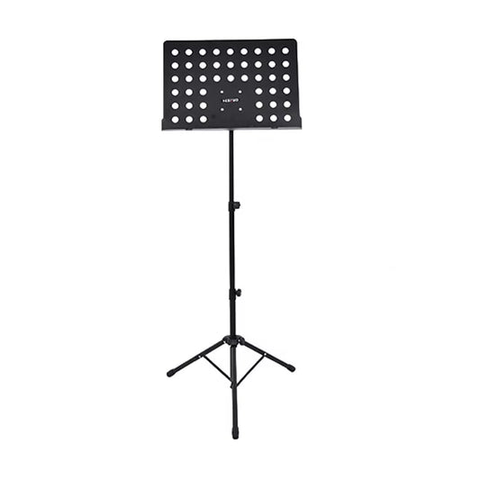 Black music stand with perforated sheet holder on a white background