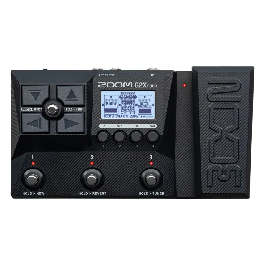 Guitar effects pedal with digital display and control buttons on a white background