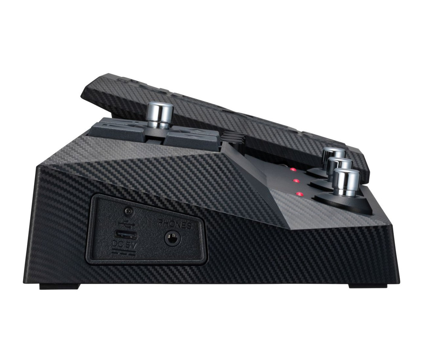 Black guitar effects pedal with carbon fiber texture on a white background