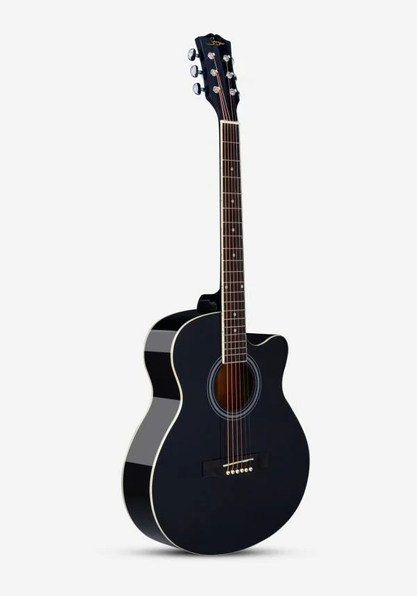 Black acoustic guitar on a white background