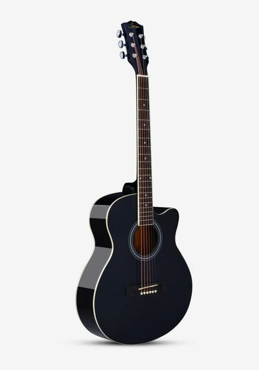 Black acoustic guitar on a white background