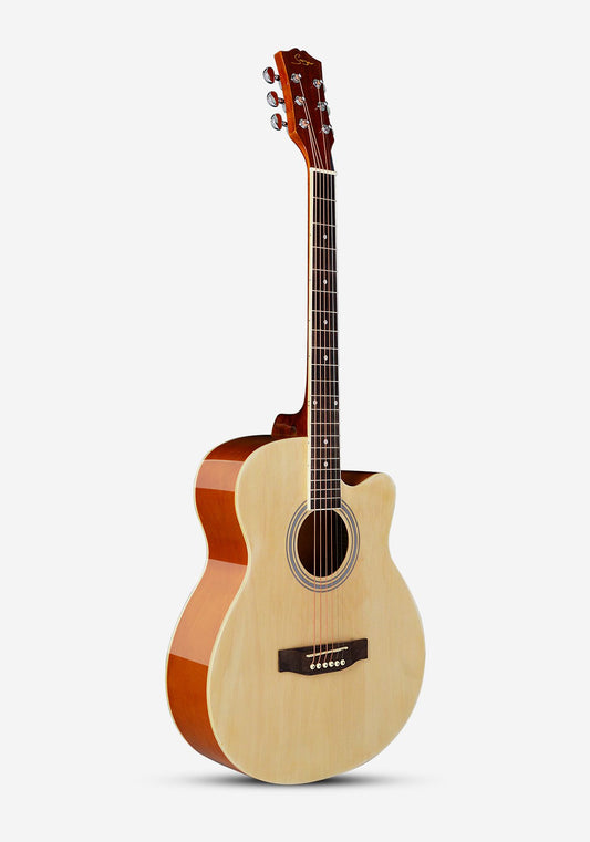Acoustic guitar with a cutaway on a white background