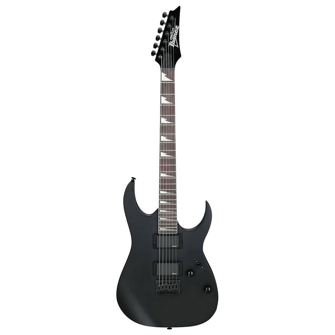 Ibanez GRG121DX Gio Series Electric Guitar in Black Flat Finish with a maple neck and a black okoume body.