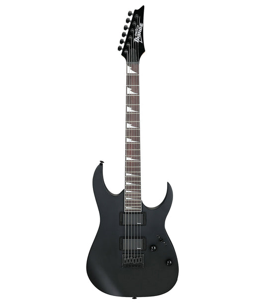 Ibanez GRG121DX Gio Series Electric Guitar in Black Flat Finish with a maple neck and a black okoume body.