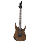Ibanez GRG121DX Gio Series Electric Guitar in Walnut Flat Finish with a black and white pickguard, displaying the front view with the neck, body, and headstock.