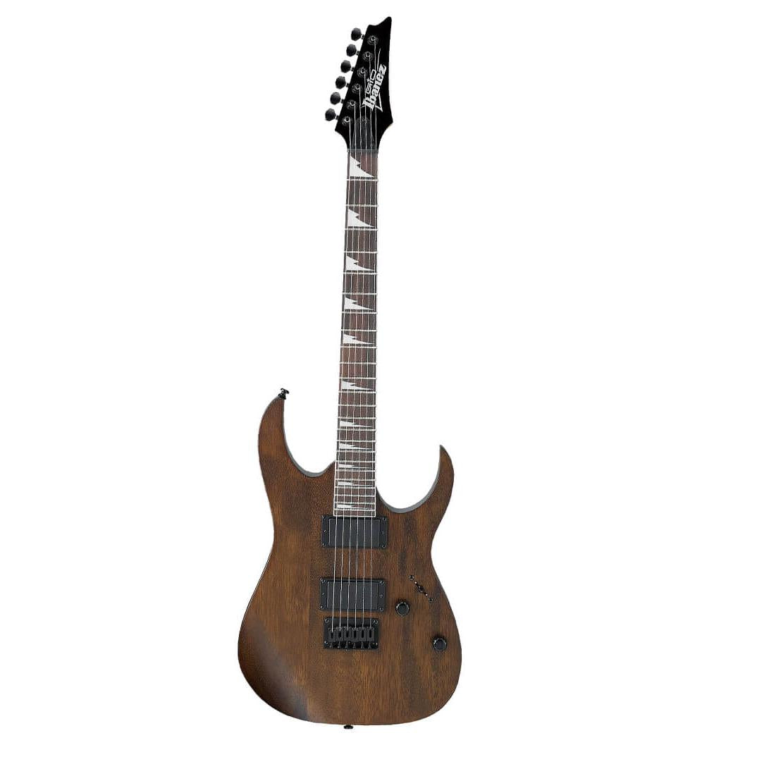 Ibanez GRG121DX Gio Series Electric Guitar in Walnut Flat Finish with a black and white pickguard, displaying the front view with the neck, body, and headstock.