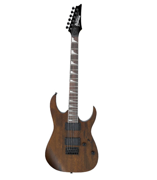 Ibanez GRG121DX Gio Series Electric Guitar in Walnut Flat Finish with a black and white pickguard, displaying the front view with the neck, body, and headstock.