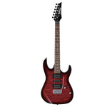 Ibanez GRX70QA Gio Series Electric Guitar in Transparent Red Burst Finish with a maple neck, poplar body, and purpleheart fretboard.