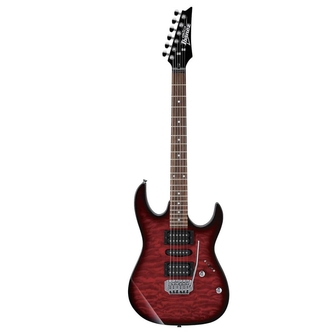 Ibanez GRX70QA Gio Series Electric Guitar in Transparent Red Burst Finish with a maple neck, poplar body, and purpleheart fretboard.