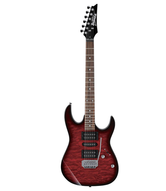 Ibanez GRX70QA Gio Series Electric Guitar in Transparent Red Burst Finish with a maple neck, poplar body, and purpleheart fretboard.