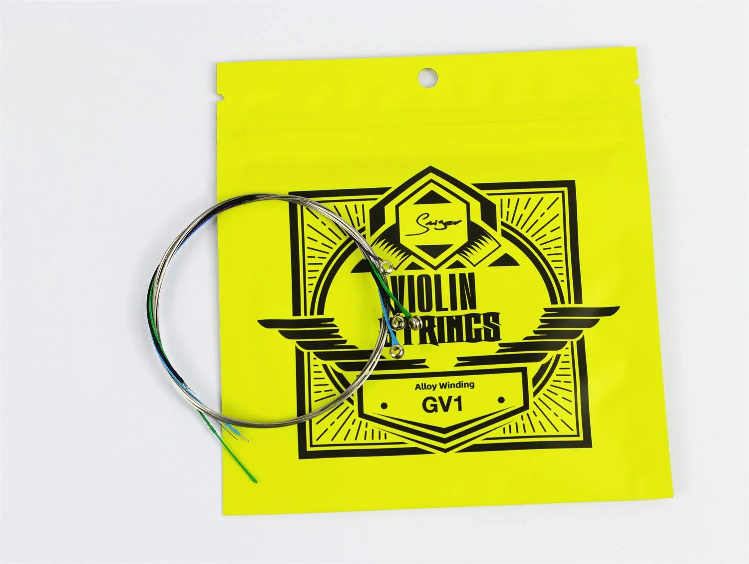 A package of Sigma violin strings, model GV1, featuring a bright yellow pouch with a black logo and a spool of silver-colored alloy wound strings on a white background.