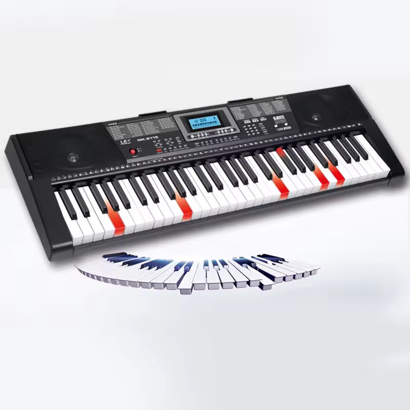Electronic keyboard with digital display on a white background