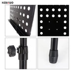 Collapsible music stand with perforated design and adjustable leg on a white background