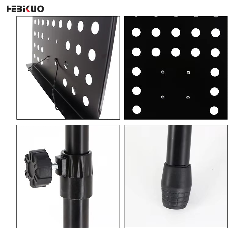 Collapsible music stand with perforated design and adjustable leg on a white background