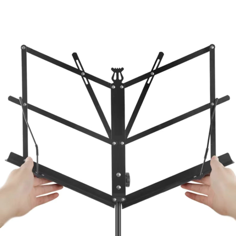 Black music stand held by two hands on a white background
