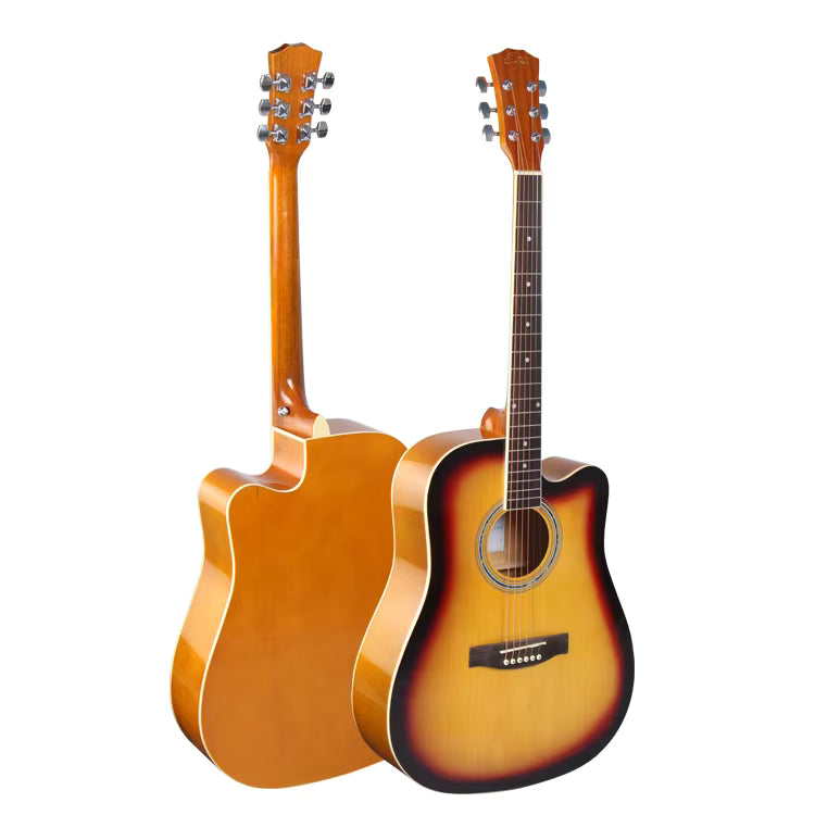 Two acoustic guitars with a sunburst finish on a white background