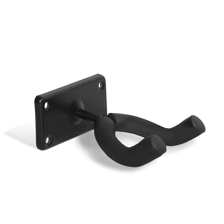 Black wall-mounted guitar hanger on a white background
