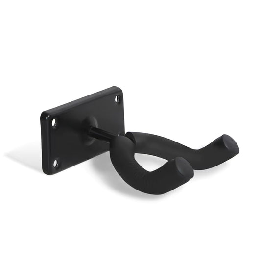 Black wall-mounted guitar hanger on a white background