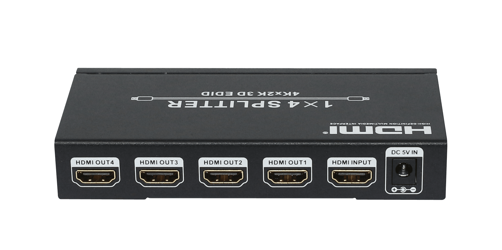 HDMI splitter with multiple inputs and outputs on a green background