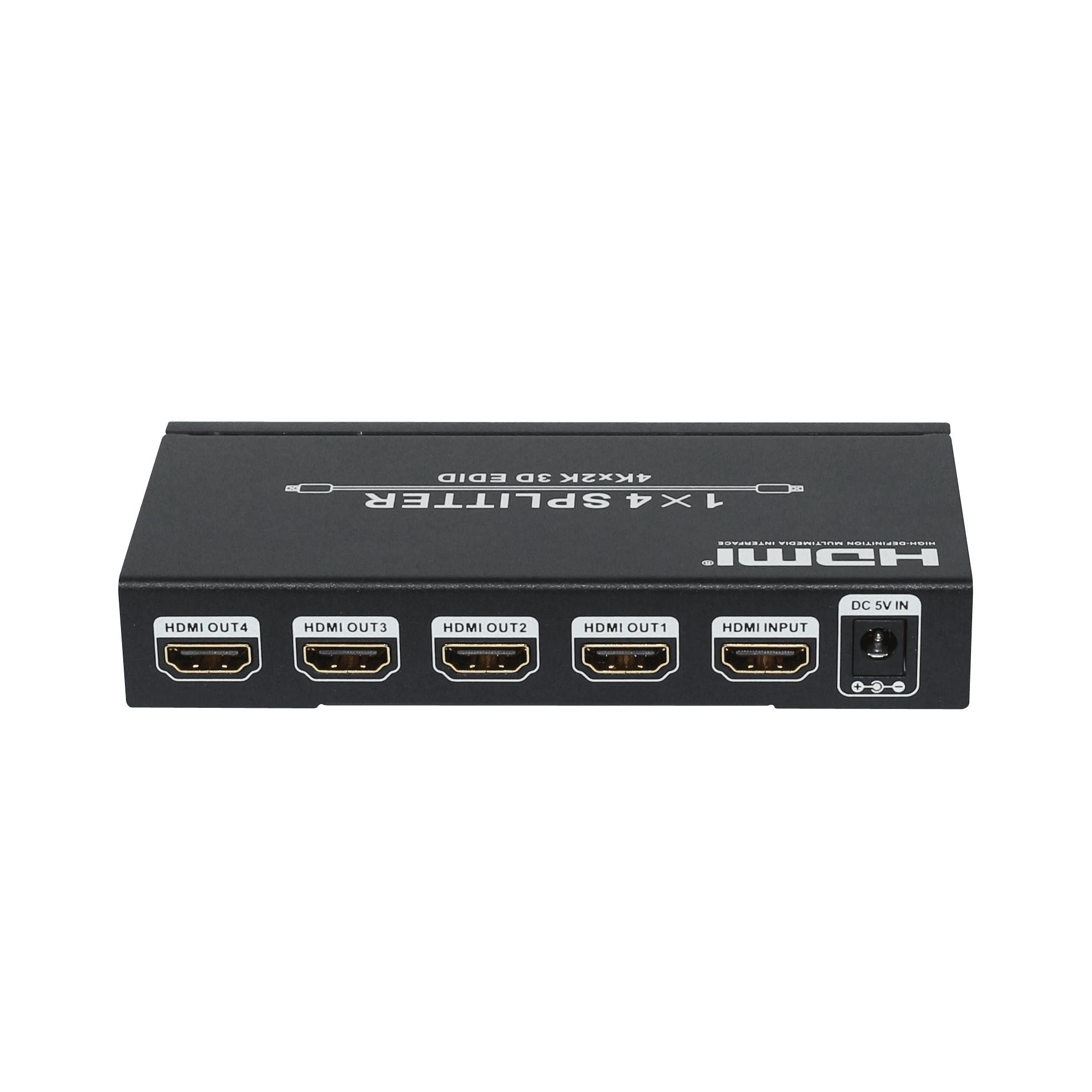 HDMI splitter connector panel with four outputs, one input, and DC 5V power jack