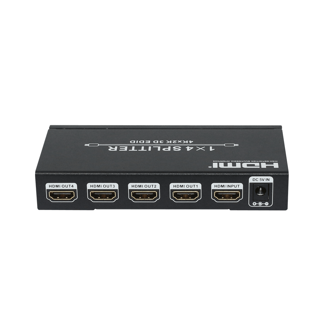 HDMI splitter connector panel with four outputs, one input, and DC 5V power jack