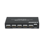HDMI splitter connector panel with four outputs, one input, and DC 5V power jack