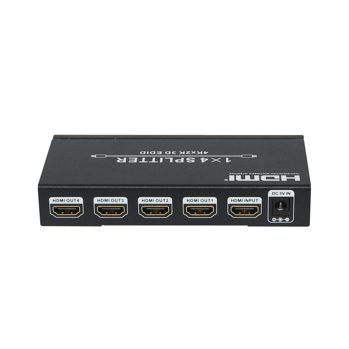 HDMI splitter connector panel with four outputs, one input, and DC 5V power jack