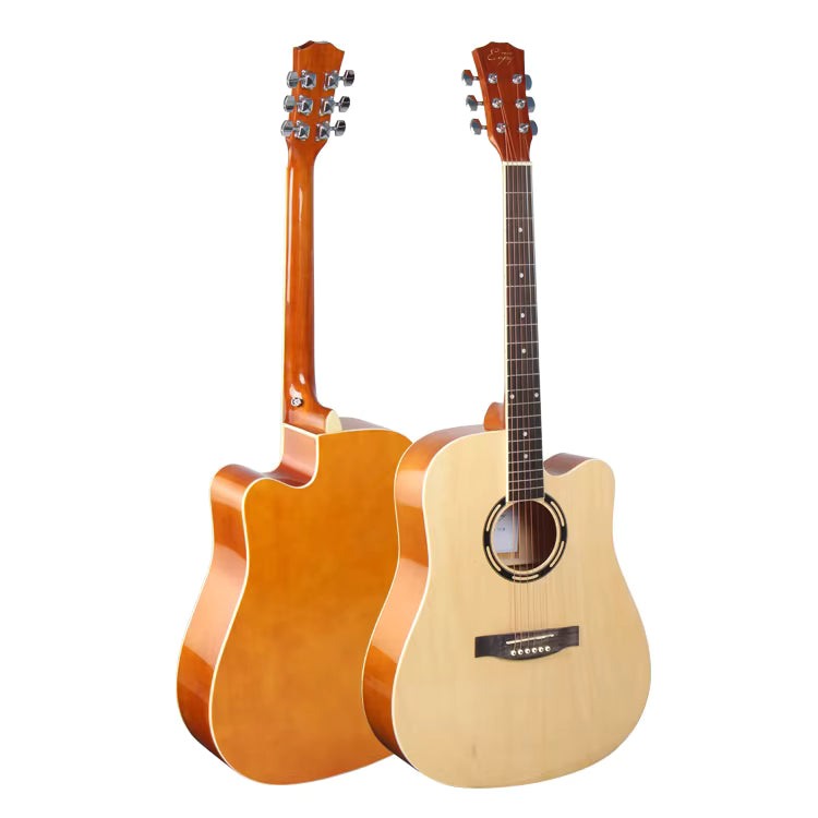 Two acoustic guitars, one brown and one natural wood, on a white background