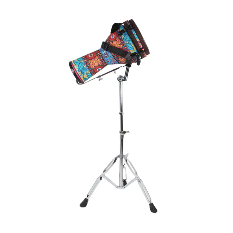 Colorful drum set on a stand against a white background