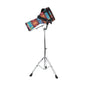 Colorful drum set on a stand against a white background