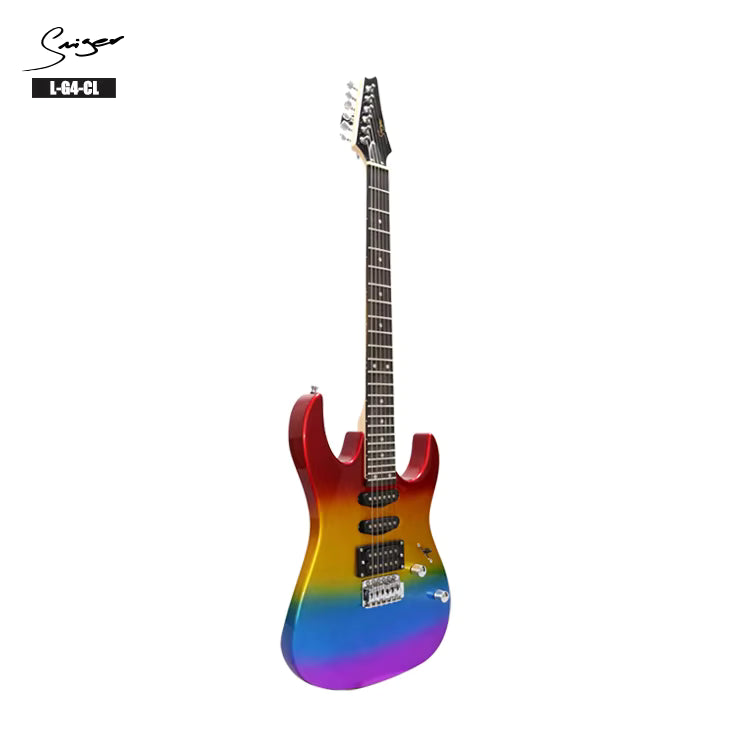 Colorful electric guitar with a gradient design on a white background