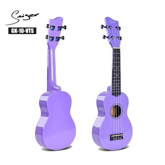 Purple ukulele with striped design on a white background