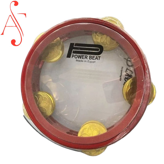 A hand-made Egyptian Riq Daff Tambourine with a red frame and metal coins visible through the transparent drum head.
