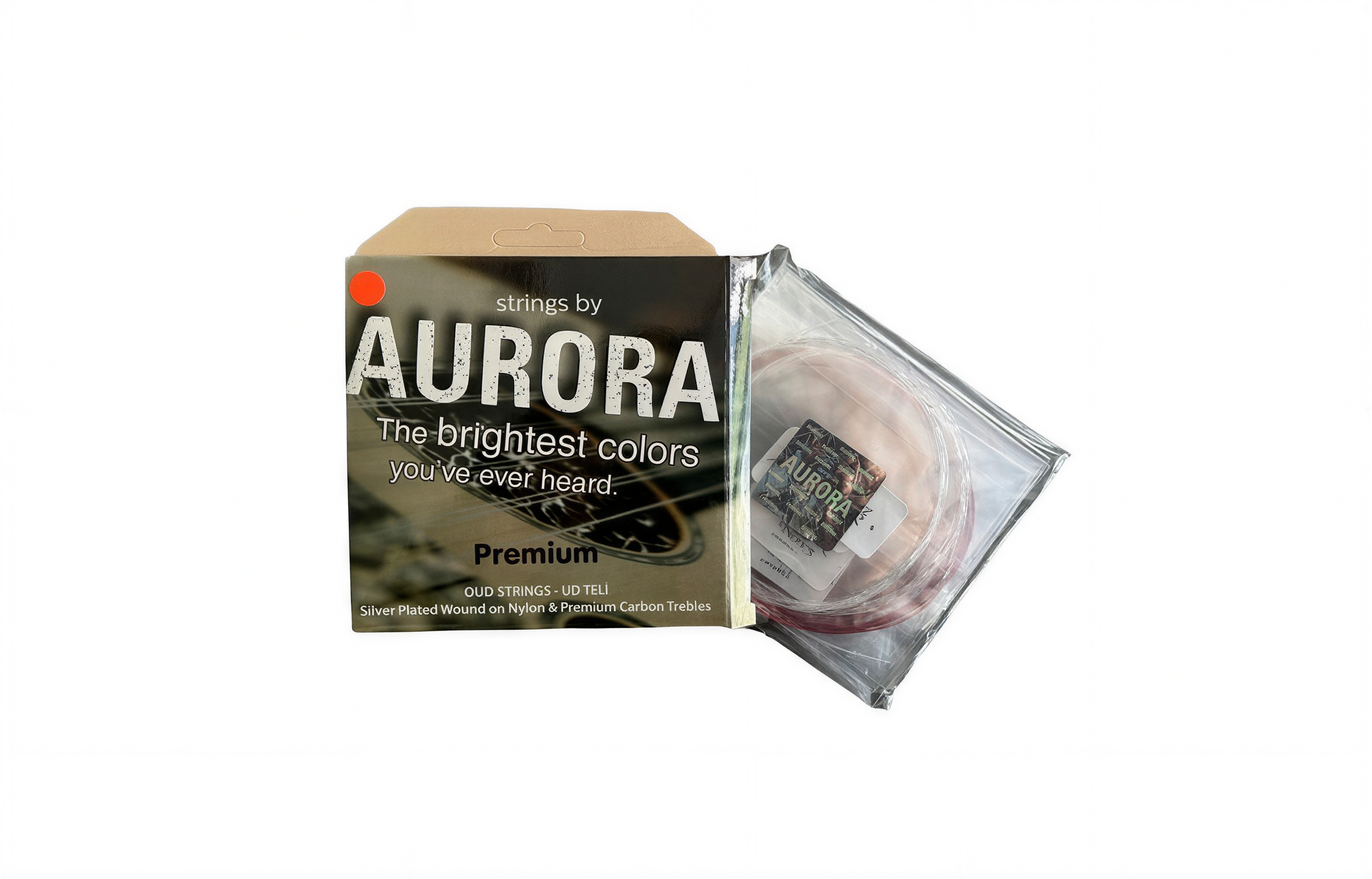 Aurora guitar string set packaging on a white background