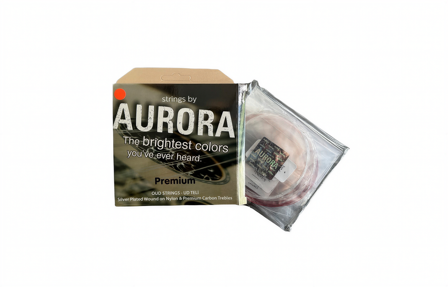 Aurora guitar string set packaging on a white background