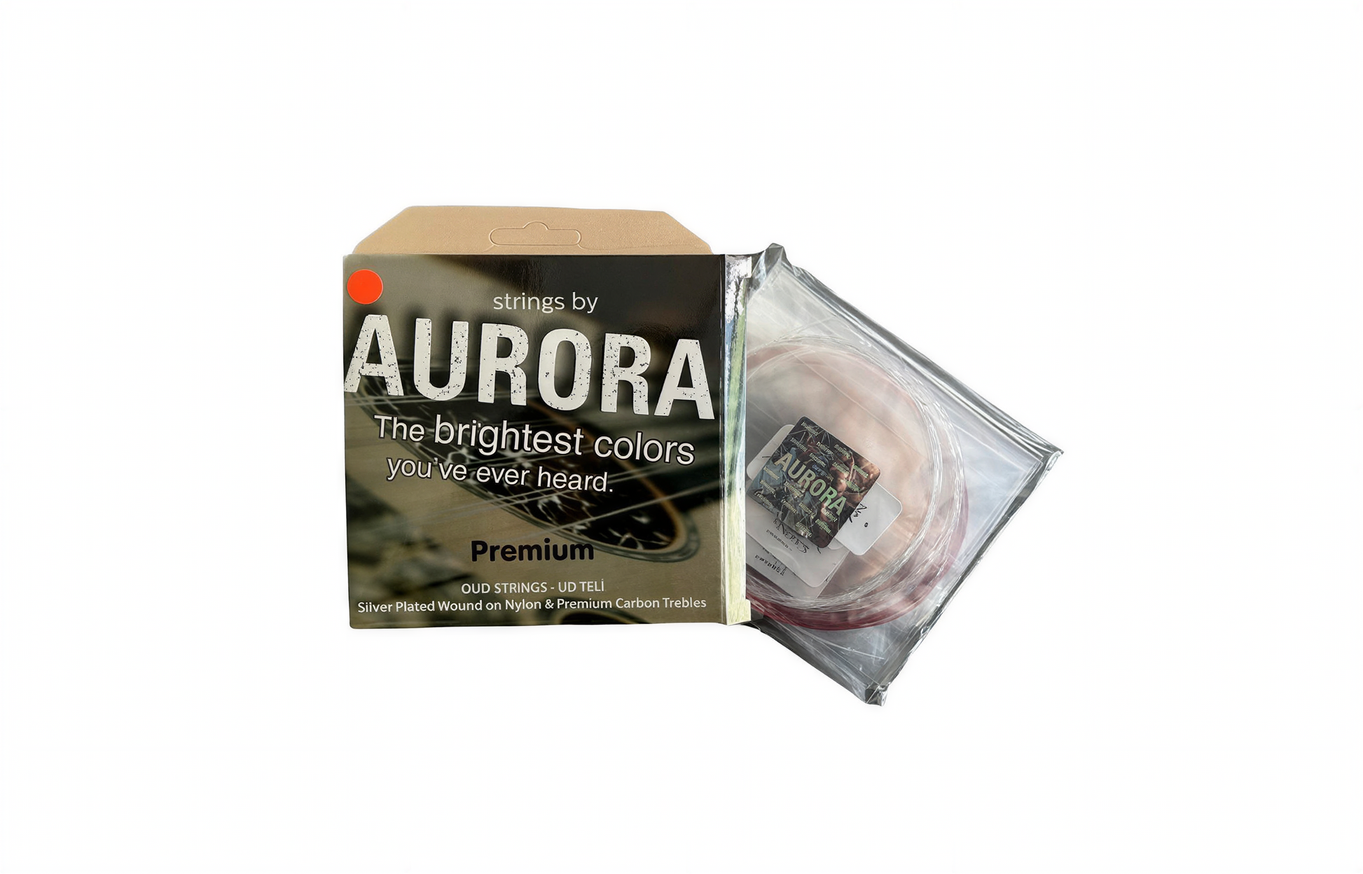Aurora guitar string set packaging on a white background