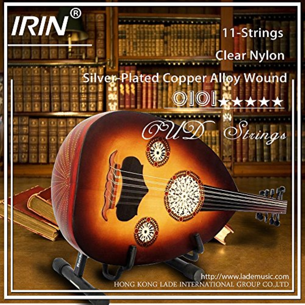 Oud with IRIN oud strings packaging against a bookshelf background