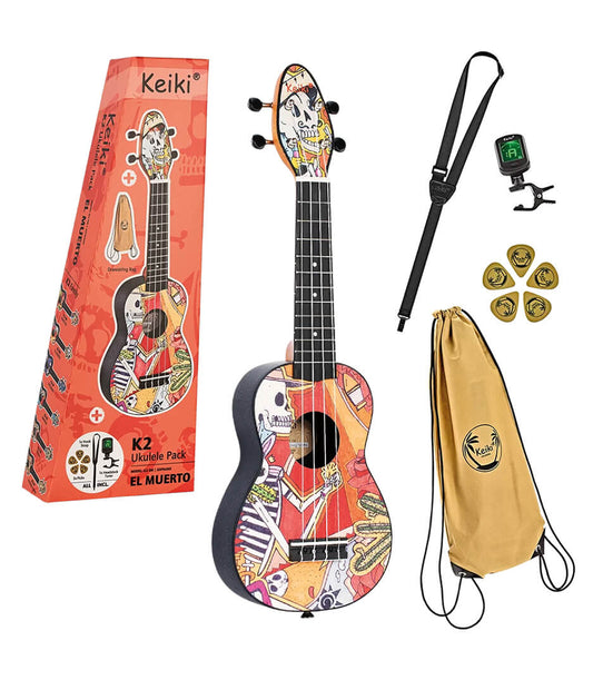 Ortega Keiki K2 Designer Soprano Ukulele El Muerto Finish Includes Drawstrig Bag, Tuner, Hook Strap & 5 Picks