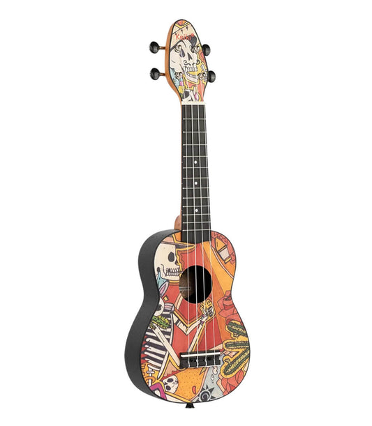 Ortega Keiki K2 Designer Soprano Ukulele El Muerto Finish Includes Drawstrig Bag, Tuner, Hook Strap & 5 Picks
