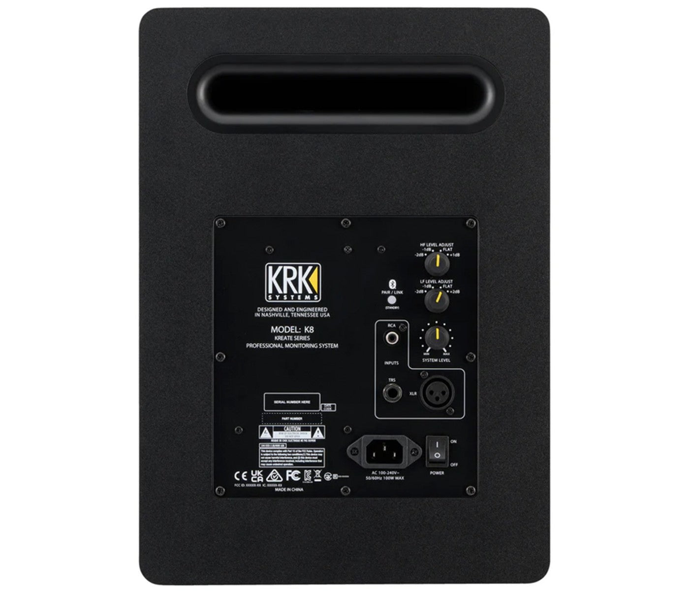 Back view of a KRK speaker with control panel and branding on a white background