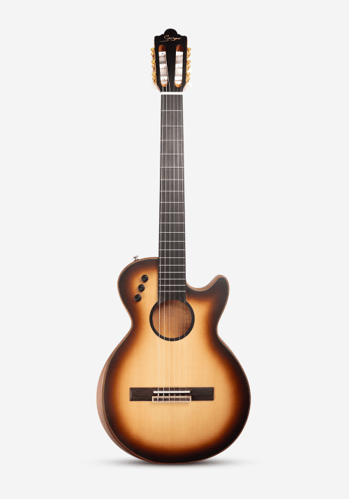 Acoustic guitar with a sunburst finish on a white background