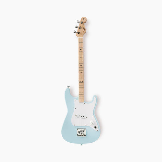 Light blue electric guitar on a white background