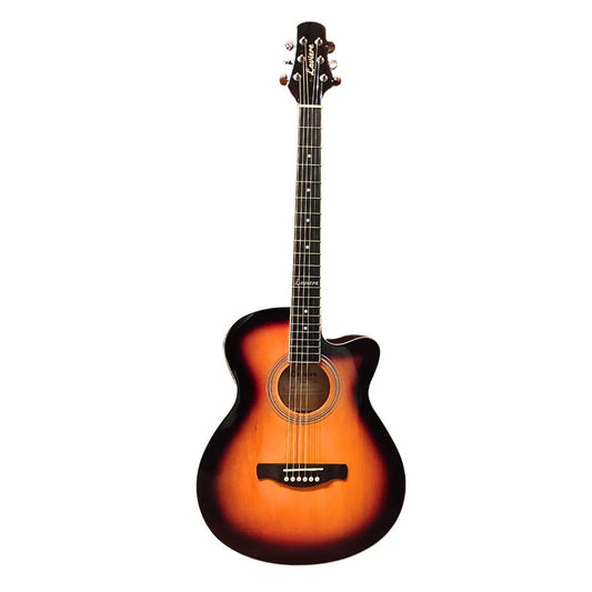 A cutaway acoustic-electric guitar with a classic sunburst finish, featuring a dark black headstock and fretboard, set against a plain white background.
