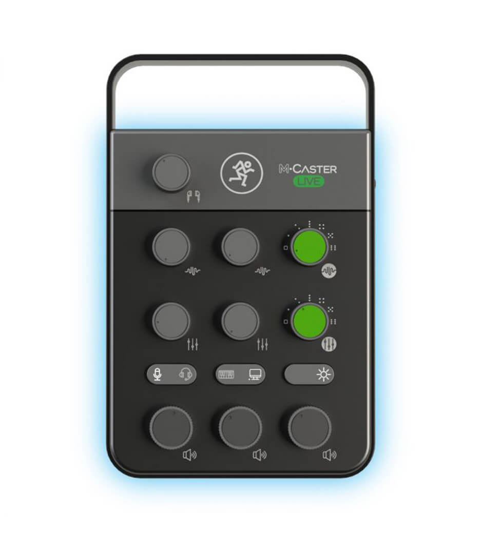 Mackie M•Caster Live Portable Livestreaming Mixer with a black color scheme, featuring various control knobs and a green button.