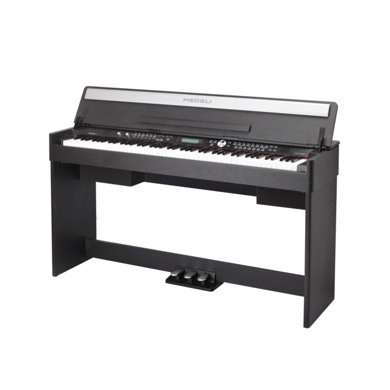A black Medeli CDP5200-BK digital piano with a full keyboard and three pedals, displayed against a white background.