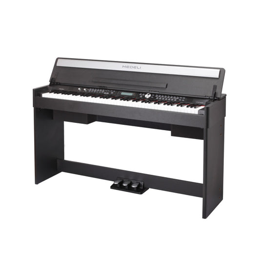 A black Medeli CDP5200-BK digital piano with a full keyboard and three pedals, displayed against a white background.