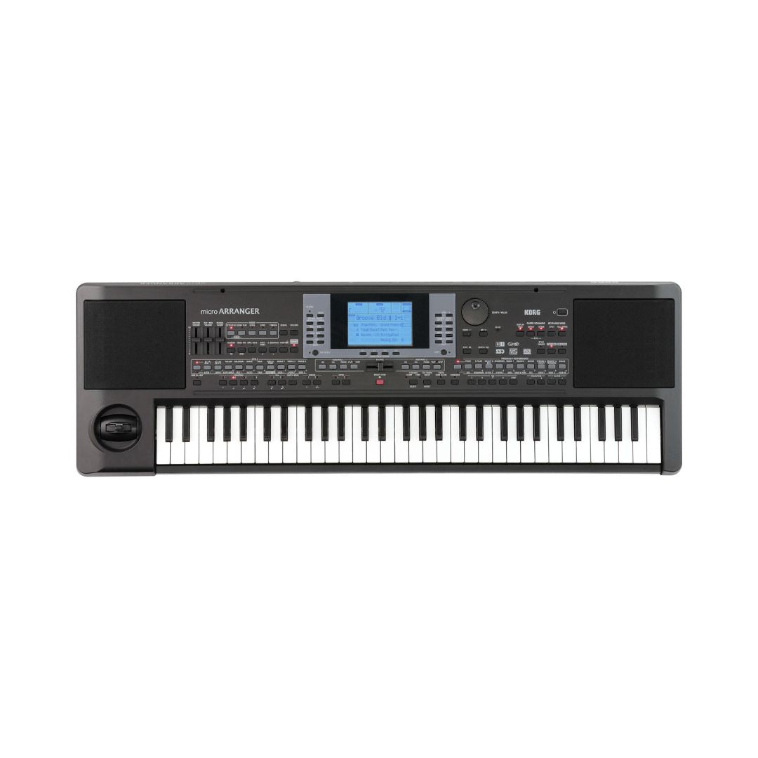 A Korg microARRANGER 61-Key Synthesizer Arranger Keyboard with a black body, featuring a screen, various control buttons, and built-in speakers.