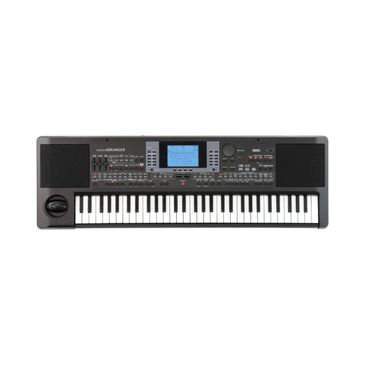 A Korg microARRANGER 61-Key Synthesizer Arranger Keyboard with a black body, featuring a screen, various control buttons, and built-in speakers.