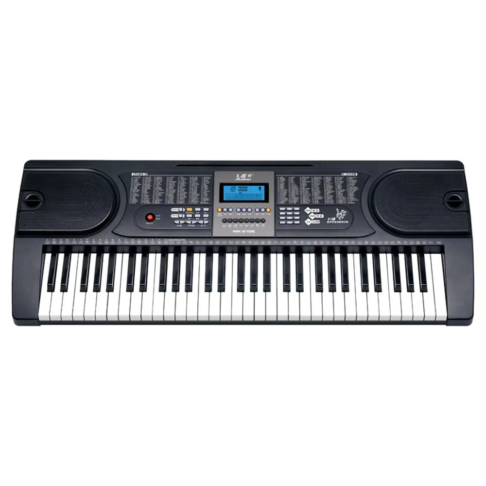 Black electronic keyboard with white keys on a white background