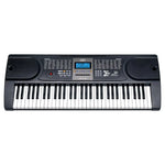 Black electronic keyboard with white keys on a white background